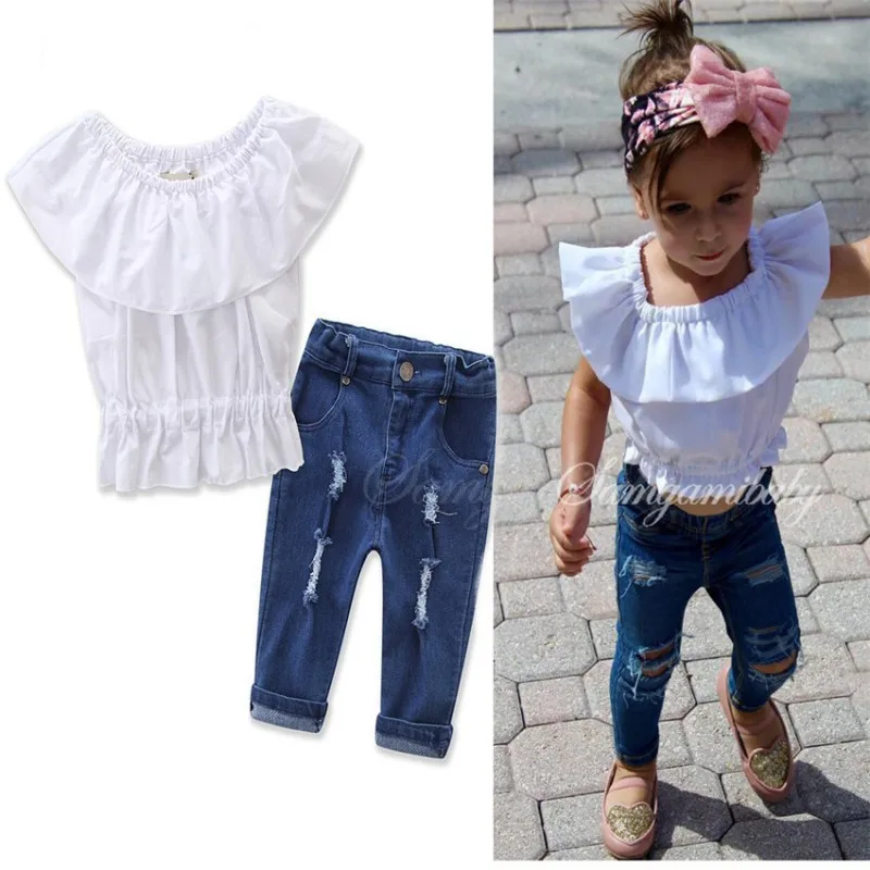 

Kids Toddlers Girls Children Shoulder off Short Sleeve Top Jeans Caual Two Piece Suit Summer Summer Outfit Denim Suit Beaded