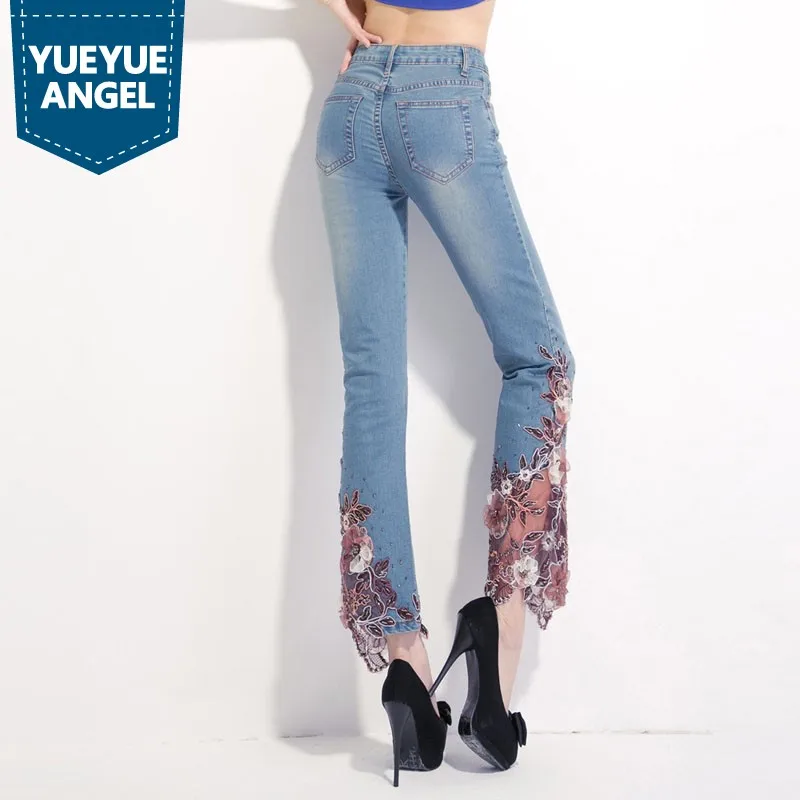 

2019 New Style Fashion Womens Boot Cut Jeans Female Denim Trousers Embroidered Bell Bottom Jean Pants For Woman High Quality