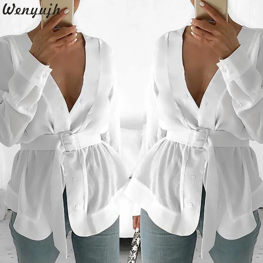 

Wenyujh Women Blouses Fashion Long Sleeve V-neck Sexy Shirt Chiffon Office Blouse Slim belt Casual Shirt Tops Plus Size S-3XL