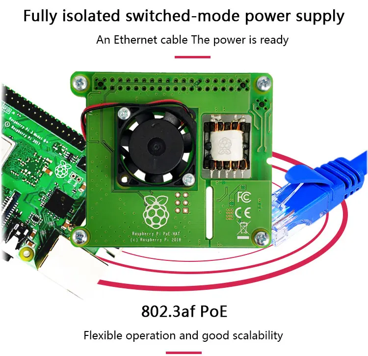Raspberry Pi PoE HAT обеспечивает питание Raspberry Pi 4 модели B и Raspberry Pi 3 Model B+ через Ethernet-кабель