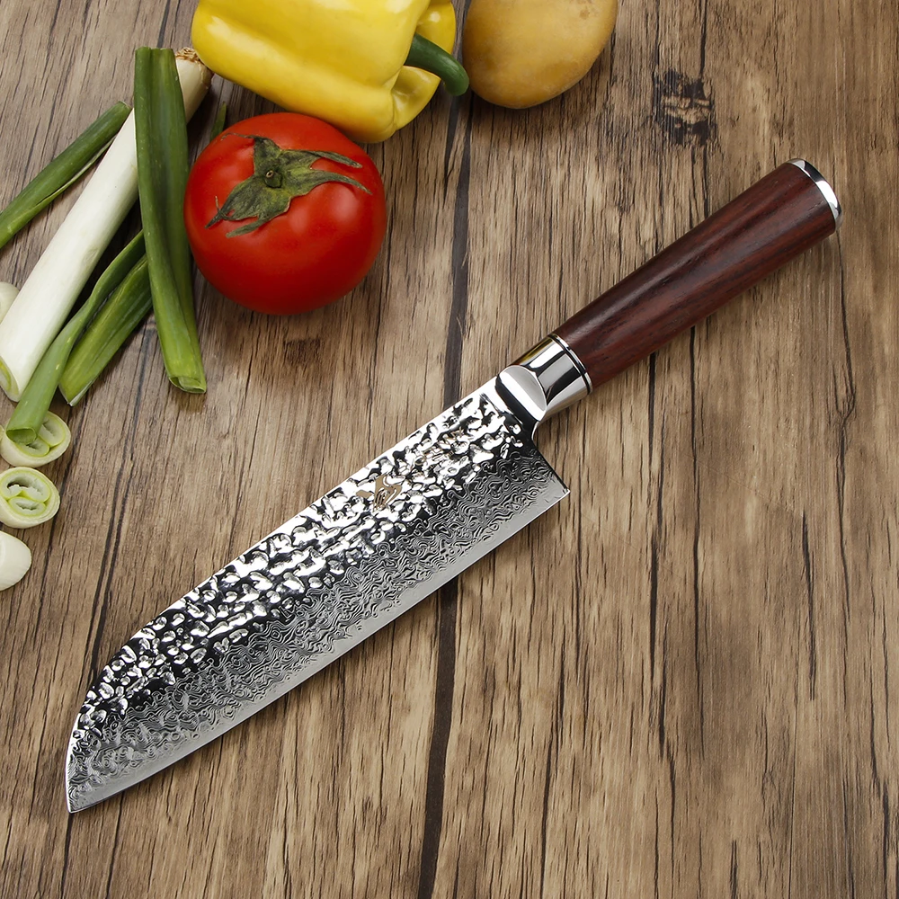Купить BIGSUNNY 7 дюймов Santoku нож супер Дамасская сталь Молоток отделка ручка из розового дерева мясо Овощной измельчитель кухонный
