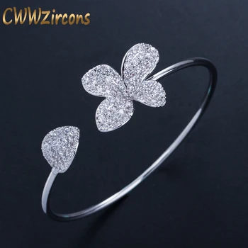

CWWZircons Designer Famous Brand Jewelry Flower and Leaf Silver Color Micro Pave Cubic Zirconia Adjustable Bangle Bracelet BG014