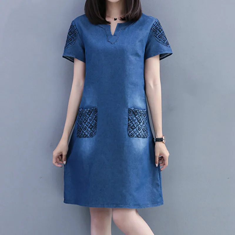 

Fashion Embroidery Dresses Women Summer Blue Denim Dress Women Casual Short Sleeve Large Size Jeans Dresses