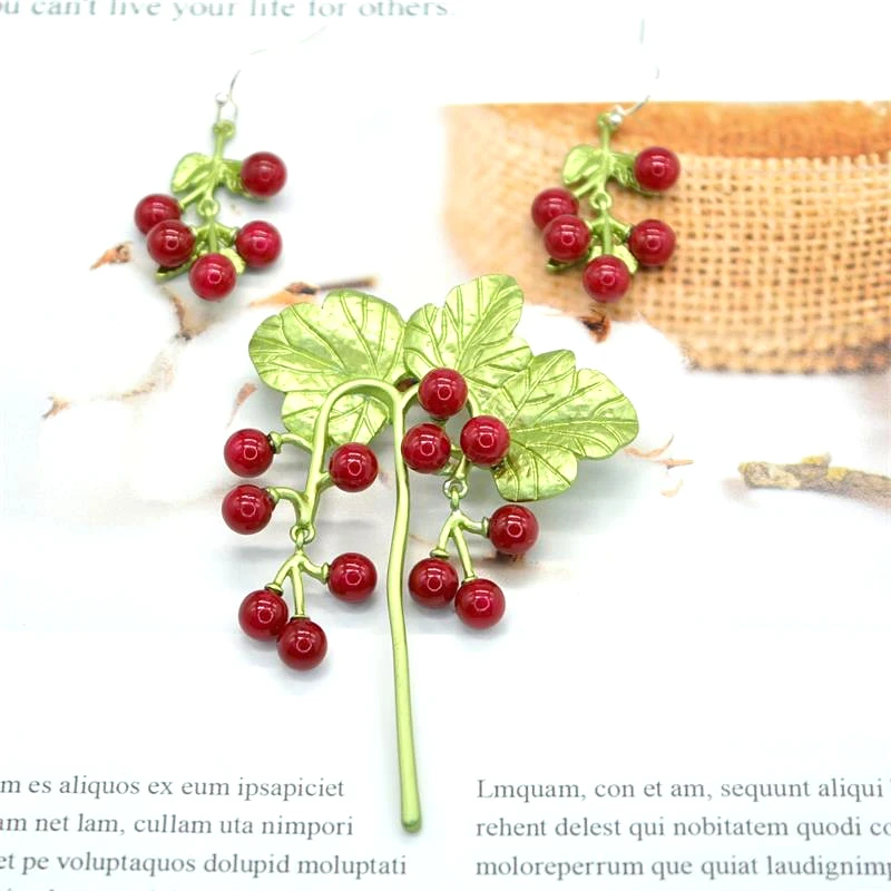 

Palace antique elegant paint plant vintage925 silver needle ear nail Xiaozhong net red cherry eardrop Brooch gir