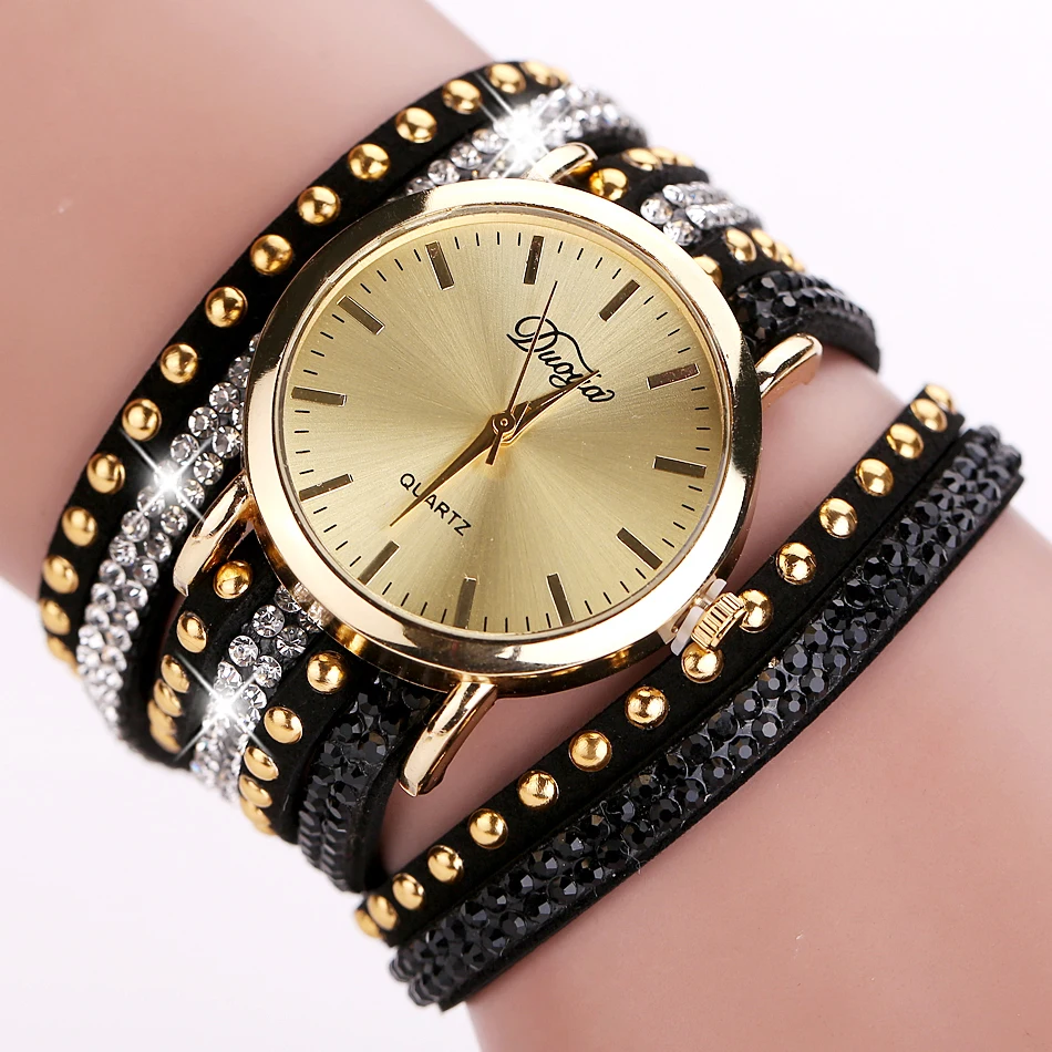 

Punk Style Fashion Rivet Long Leather Bracelet Watch Women Watches Luxury Rhinestone Bangle Quartz Watch Lady Hour reloj mujer