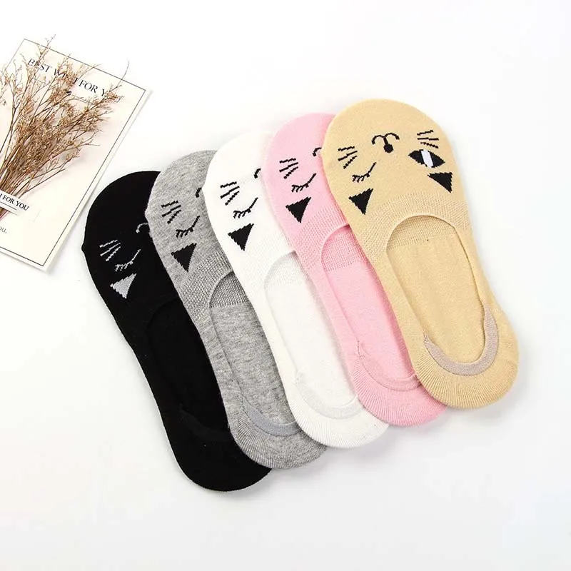 

Breathable Short Socks Women Casual Antiskid Invisible Liner Socks Cute Cat Solid Elastic Comfy Female Ankle Boat Low Cut