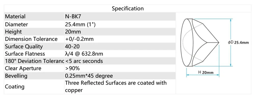 Сверхтонкая BK7 с медным покрытием 1 дюйм угловая кубическая призма, покрытая 25,4 мм трехгранный светорефлектор, 5 arc secs return Beam