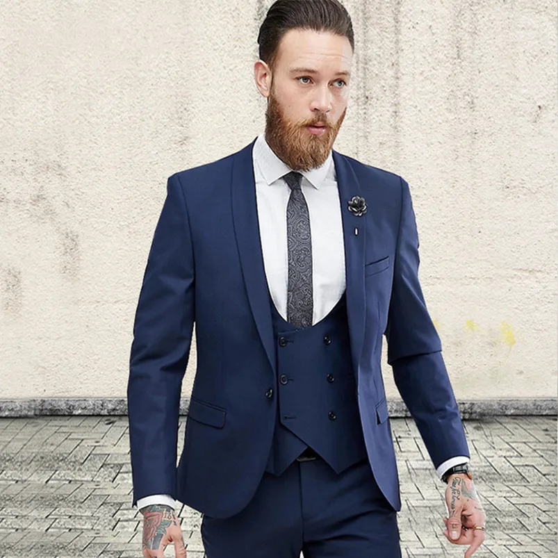 Navy Blue Three Pieces Men Suit Formal Wedding Tuxedos For Men Groomsmen Tuxedo Custom Made 2018