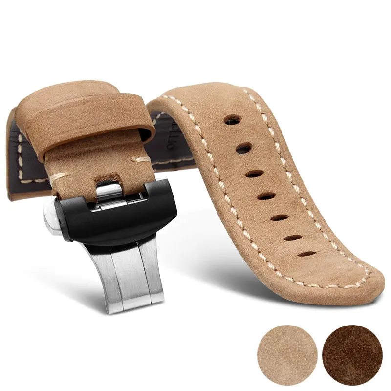 

New PAM 22mm 24mm 26mm Vintage black Brown Calf Leather Watchband Strap With Butterfly Buckle For PAM111 386 Panerai Luminox