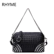 RHYME Vintage Lady Messenger Bag Handbags Woman PU Leather Handbag Women Rivet Bag with Two Chains Fashion Lattice Crossbody Bag