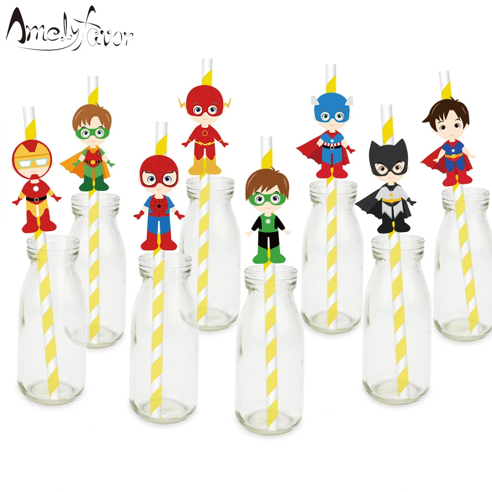 Super Hero Theme Boys Party Straws Superhero Boy Paper Straws Baby Shower Birthday Event Party Straw Decorations Supplies