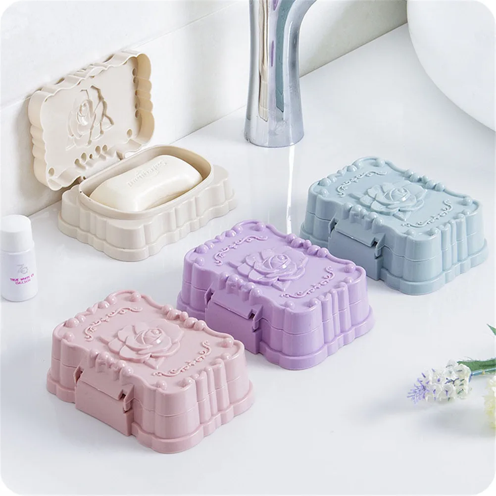 

1PCS Water Leaking Design Soap Dishes Box Rose Shaped Dish for Bathroom Accessories Soap Box Case Holder with Cover Lid