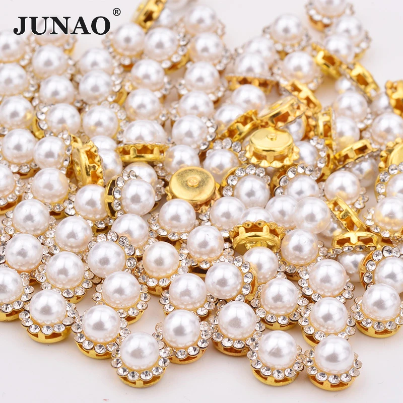  JUNAO 8 10 12 mm Sewing White Pearl Rhinestone Gold Applique Round Flower Crystal Stone Sew On Diam - 33013710034
