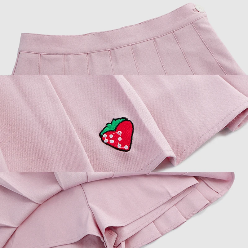 XS-XXL Высокая Талия трапециевидной формы Для женщин плиссированные юбки Симпатичные Клубника вышивка студент юбка Сладкий Мини для девочек мини-юбка