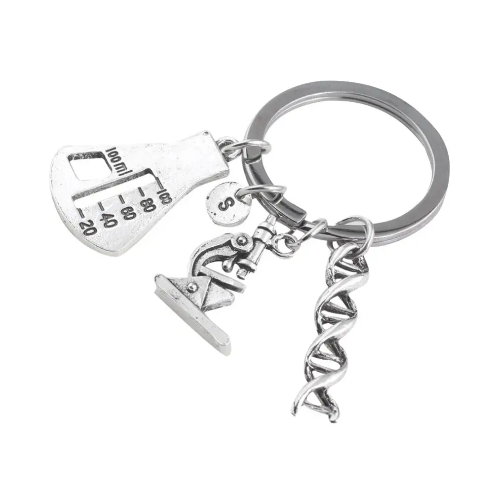 

Unique Pendants Keychains Spiral Microscope Conical Flask Letter Key Chain Bag Wallet Key Ring Fashion Keychain Jewelry Gifts