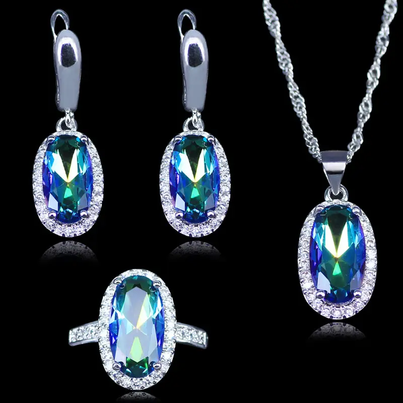 

Rainbow Magic Blue Stone White Zircon 925 Stamp Silver Color Jewelry Sets For Women Pendant Necklace Earrings Rings Wedding