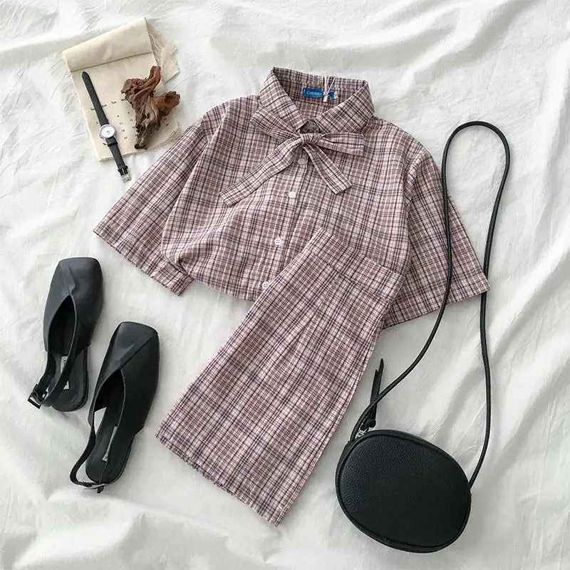 

Women Retro Plaid Sets Single Breasted Bow Shirt Tops+High Waist Mini Skirt Sets Sweet 2 Piece Set Chic Vintage Girls Set J154