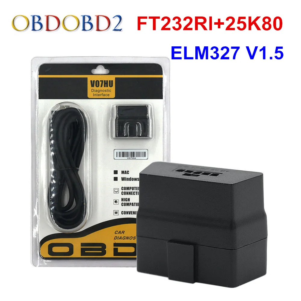 Новейший ELM327 V1.5 V07HU PIC18f25k80 + FT232RL чип USB RS232 порт на ПК автомобильный диагностический инструмент Поддержка 9 видов OBD2 протоколов