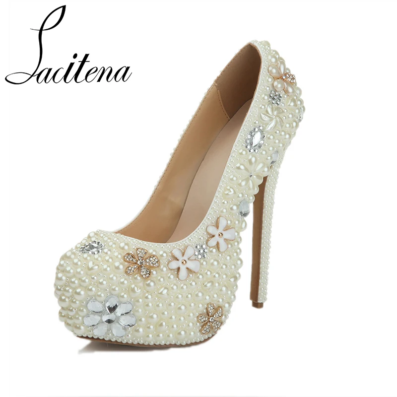 

16cm High Heels Pearl Starfish Flower Round Toe Wedding Shoes Diamond Bridal Shoes