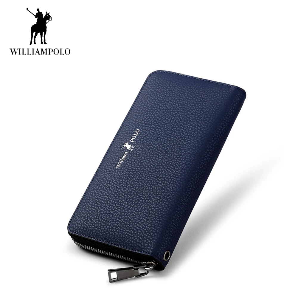 WilliamPOLO Men Wallet Long Clutch Anti Theft Strap Multi Card Holder Genuine Leather Phone Cash Coin Purse with Zipper Pocket