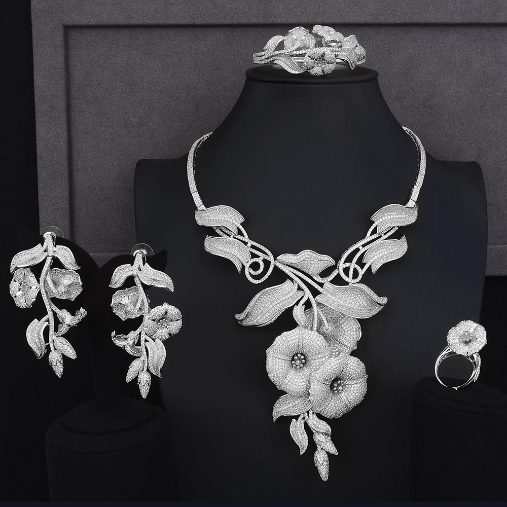 GODKI Super Luxury Morning glory 4PCS Africa Jwelry Sets For Women Wedding Zircon Crystal CZ Indian African Bridal Jewelry Sets