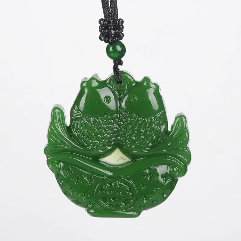 

Chinese Natural Green Hand-carved Chinese Hetian two out fish pendant