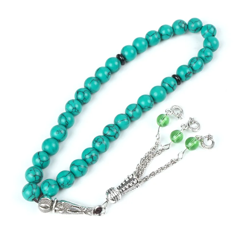 

Green Turquoise Stone Rosary Crystal Quartz 33pcs Tesbih 10mm Bead for Muslim Prayer Rosary with Tassel Ancient Silver Bracelets