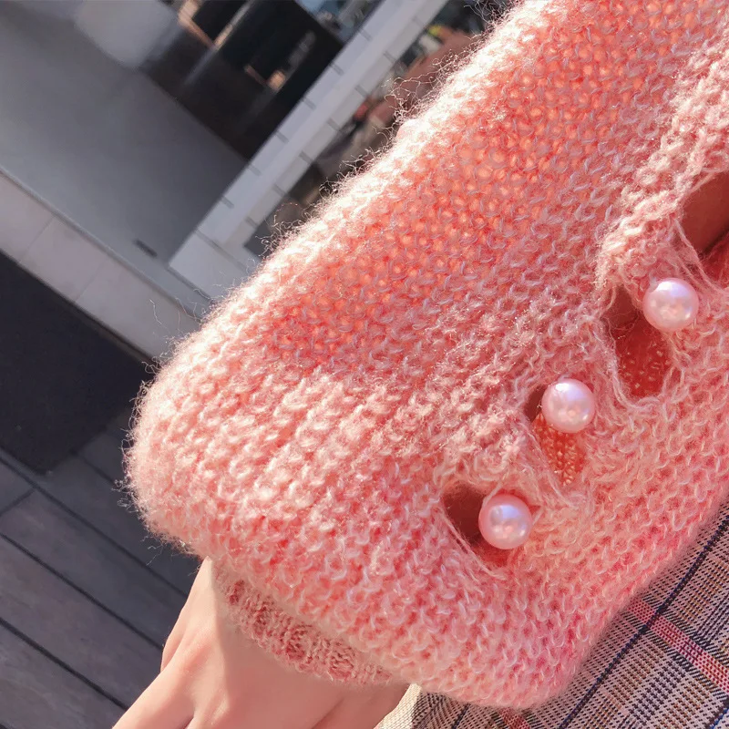 Ubei Fahion Baggy bubble sleeves broken holes beads plain color loose knitted sweater fashion pullovers