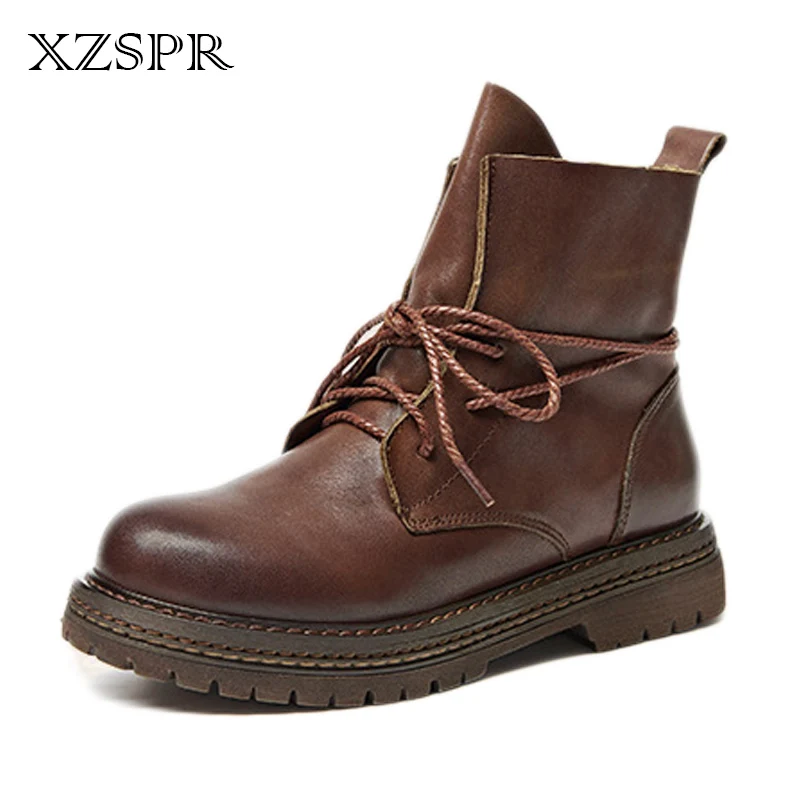 

XZSPR 2019 Autumn Casual Genuine Leather Warm Women Boots Lace up Ankle High Shoes Comfortable Handmade Females Martin Boots