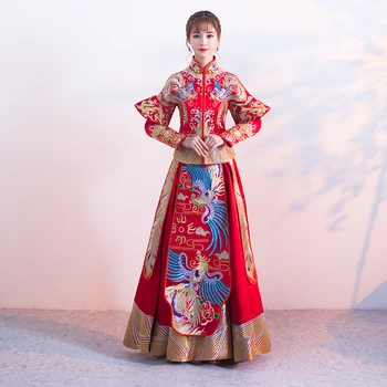 

Floor Length Vintage Asian Bride Dress Gown Chinese Women Dragon&Phoenix Qipao Embroidery Marriage Cheongsam Suit Vestidos