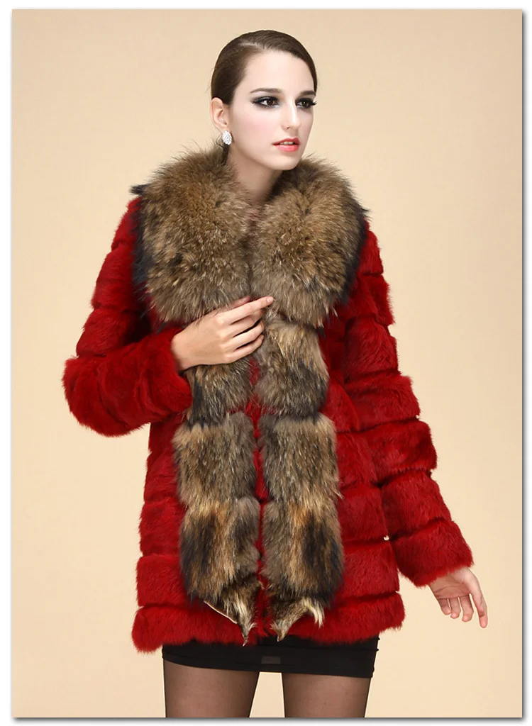 Free Shipping New genuine real natural rabbit Fur Coat with big raccoon fur collar Women Long
