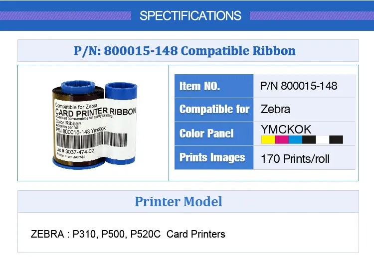 Упаковка из 5 шт. Совместимость Зебра 800015-148 YMCKOK лента 170 отпечатков для P400 P420C P500 P520C P600 P720C карты принтера
