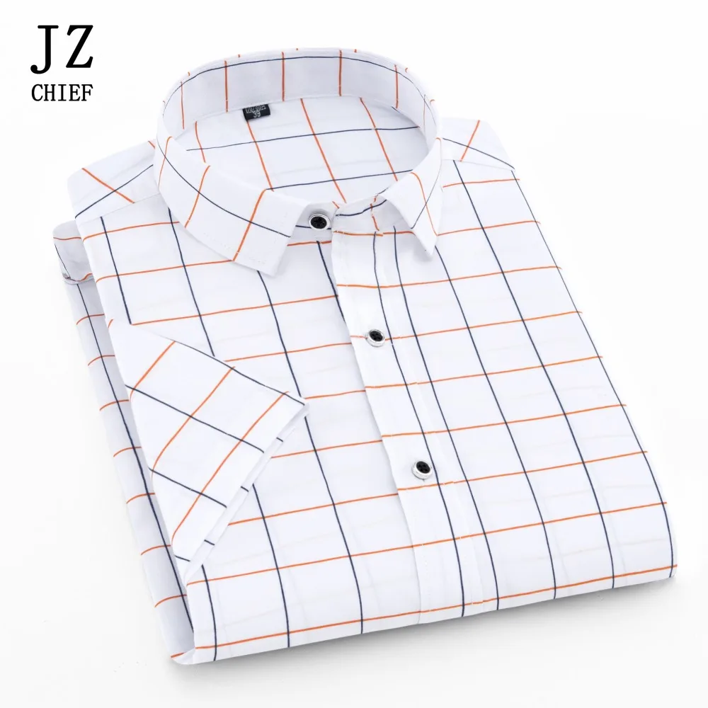 

JZ CHIEF mens dress shirts slim fit men short sleeve stripe shirt summer business casual social shirts camisa masculina