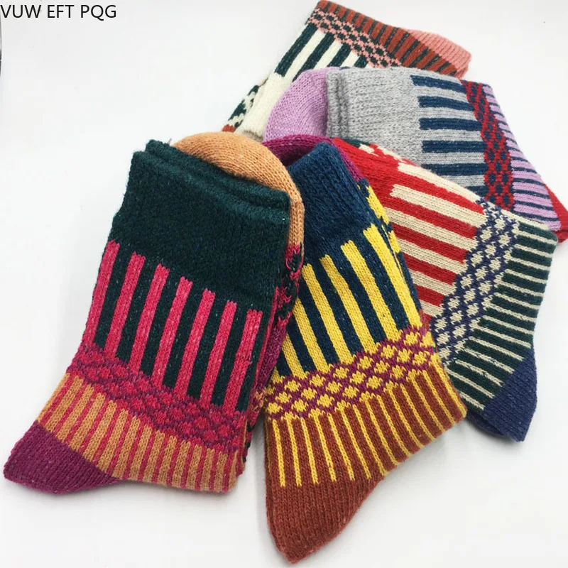 Носки для девочек крупной вязки в национальном стиле теплые носки в полоску с кроличьим мехом на осень и зиму