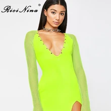 RICININA Fashion Women Dresses Woman Fashion Deep V Neck Long Sleeve Mesh Hollow Out Autumn Winter Dress Casual Mini Party Dress