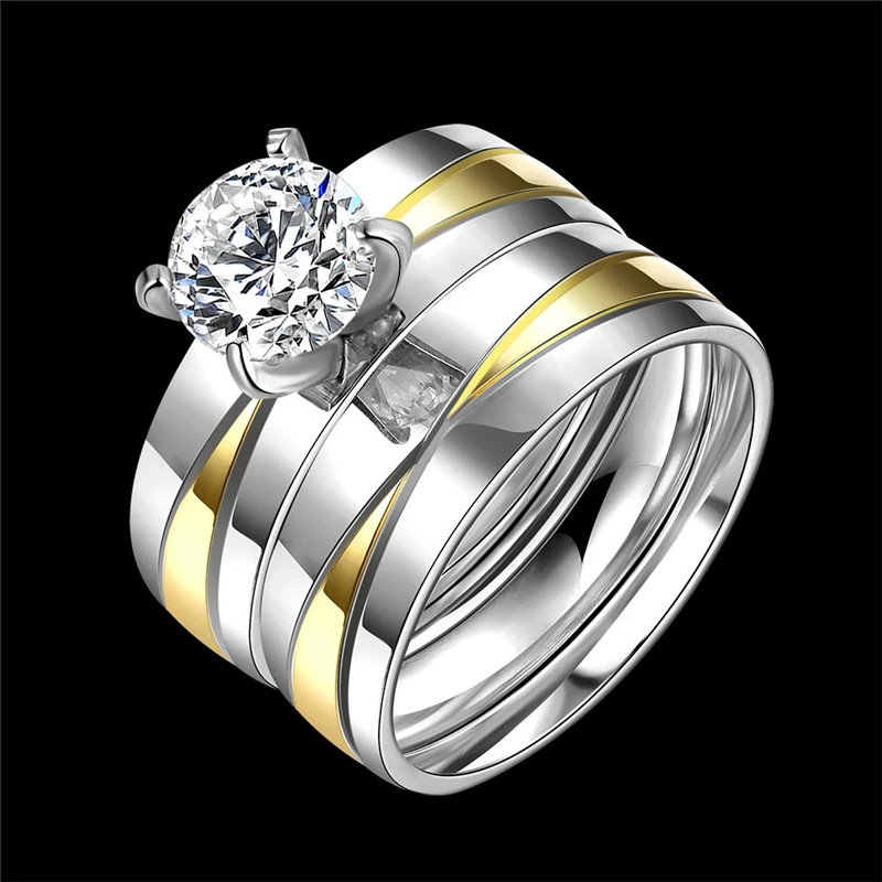 New 2pcs/set Crystal Couple Ring for Women and Men Gold-color Stainless Steel Engagement Ring Wedding Jewelry
