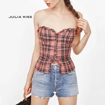 

Women Lace-Up Bodice Slim Fitting Top with Ruffle Edged Neckline