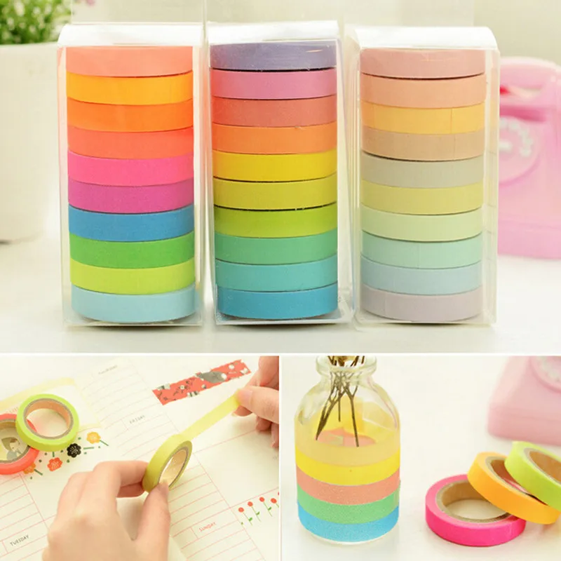 JX-LCLYL 10pcs/set 10in1 Colorful 0.7cm x 5M Adhesive Sticker Washi Paper Masking Tape Decoration