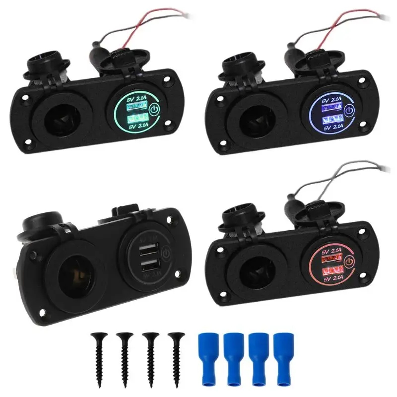 

12V 24V Dual USB 2.1A Car Charger Power Adapter with Touch Switch LED Light Outlet for Car Boat Marine Motorcycle Scooter RV DIY