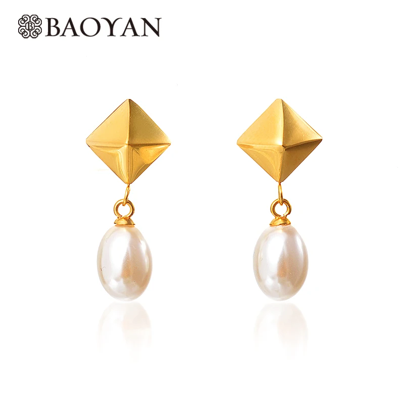 

Baoyan Pearl Earring Women Gold Colo Stianless Steel Square Metal Dangle Drop Women Earring Fashion Jewelry