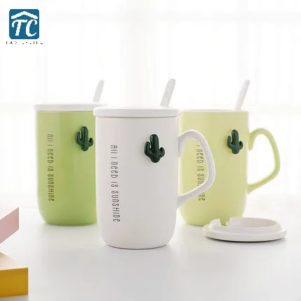 

360ml Creative Cartoon Cactus Ceramic Mugs Cover Spoon Cute Milk Coffee Simple Office Couples Breakfast Drinkware Heat-resistant