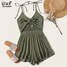 Dotfashion Solid Tie Front Shirred Back Ruffle Hem Cami Romper Women Summer Boho Sleeveless Ladies High Waist Playsuit