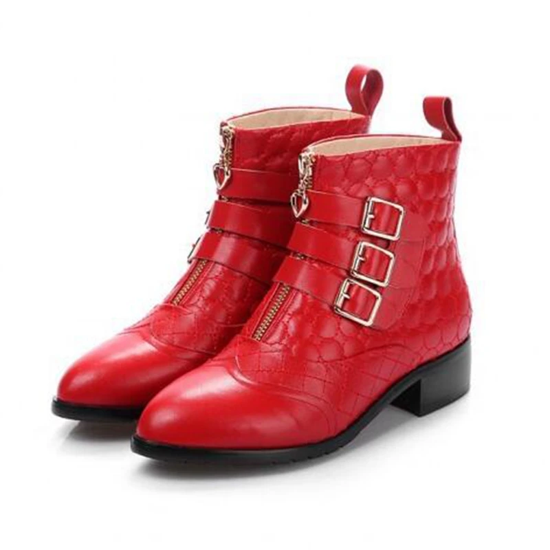 

Belt Buckle Front Zippers Pointy Toe Red Black Apricot Embossed Cowhide Medium Thick Heels Martin Booties Shoes Discount Sale
