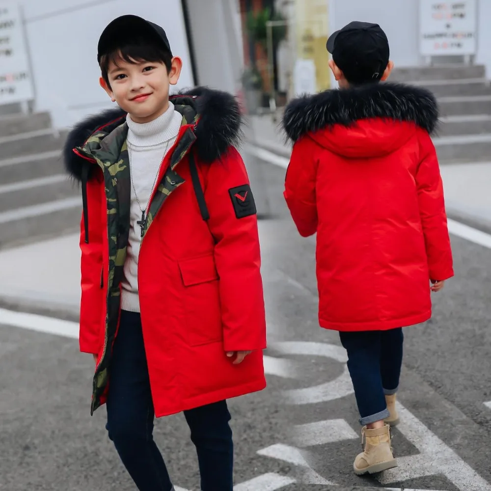 Детские зимние теплые пуховики куртка с меховым капюшоном для мальчиков-подростков до-25 градусов детская утепленная верхняя одежда на утином пуху, пальто