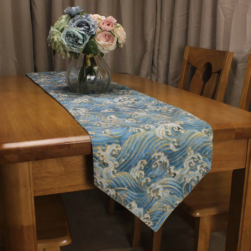 CURCYA Japanese Style Table Runners Sea Wave Printed Cotton Linen Table Runner 
