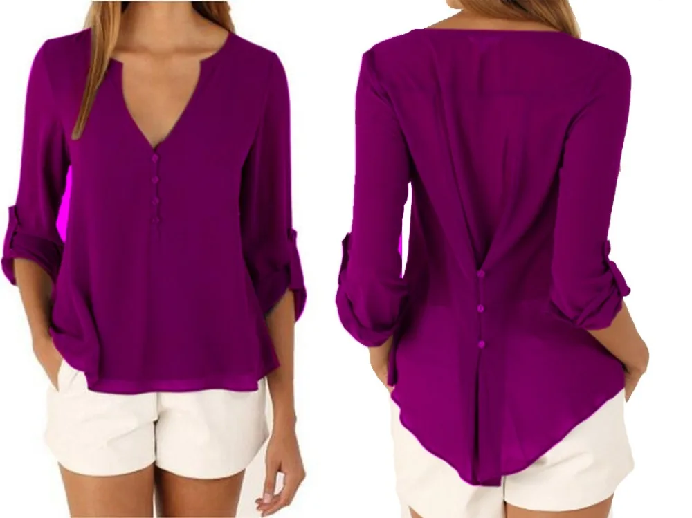Feminina com Decote em v Camisa para Mulheres Blusa Profundo Botões Manga Comprida Chiffon Cor Sólida Preta Casual Blusas S-5xl 15 Moda Feminina