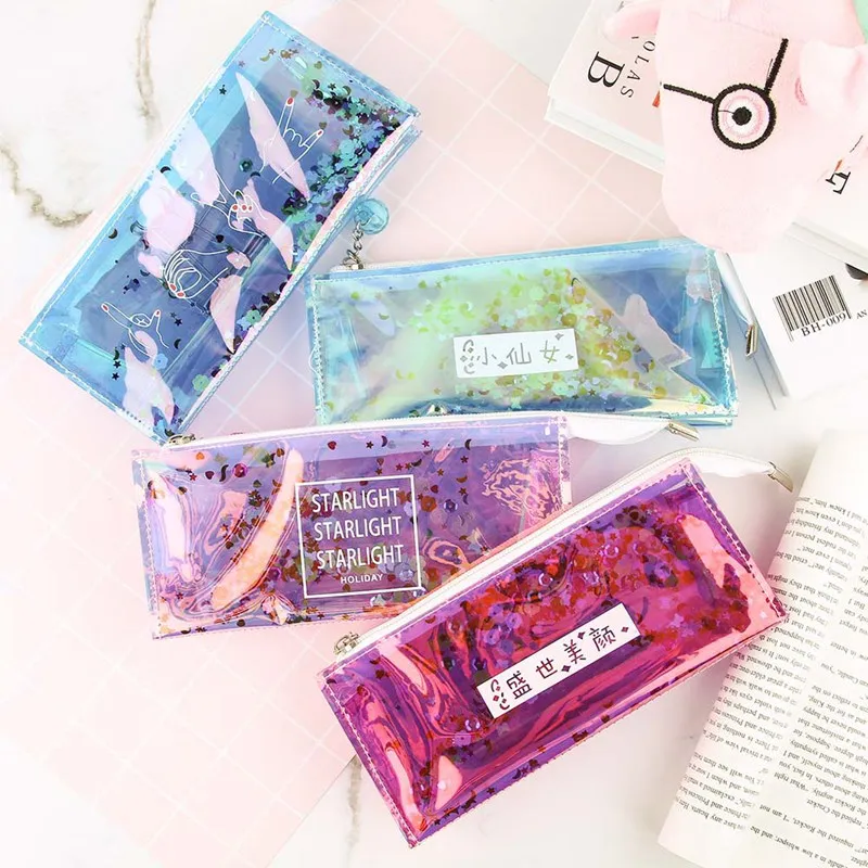 1PC Transparent Cool Pencil Case Super Shiny Laser PVC Pencils Bags High Quality Stationery Pouch Office School Supplies
