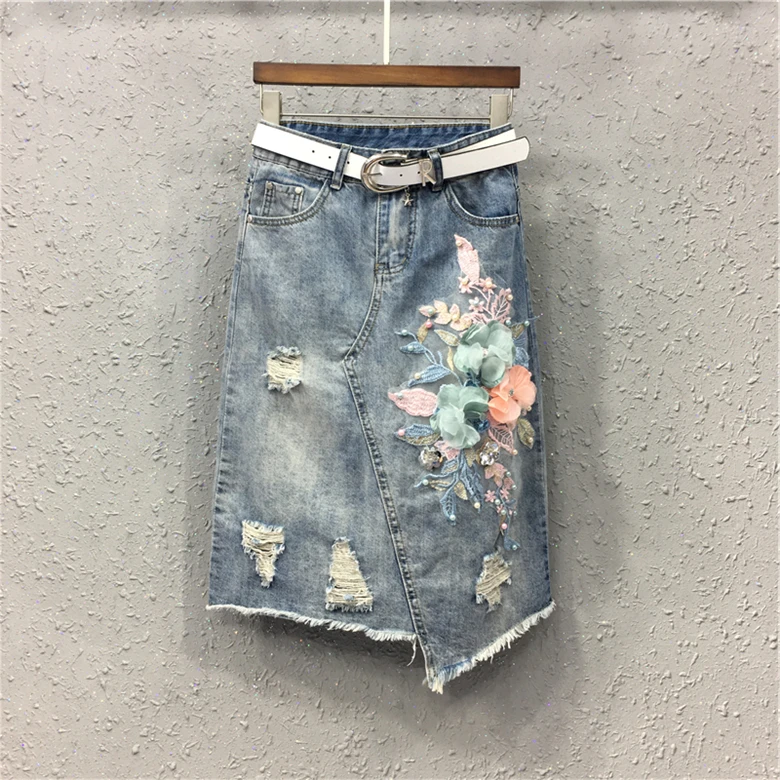 Verão Novas Mulheres Denim Saias Buraco Flor Bordado Irregular Feminino Elegante Sexy Retas 2021 1 Moda Feminina