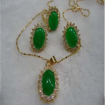 

New Women's Fashion jewelry beautiful green necklace pendant earring ring 7-9 # Set AA2520