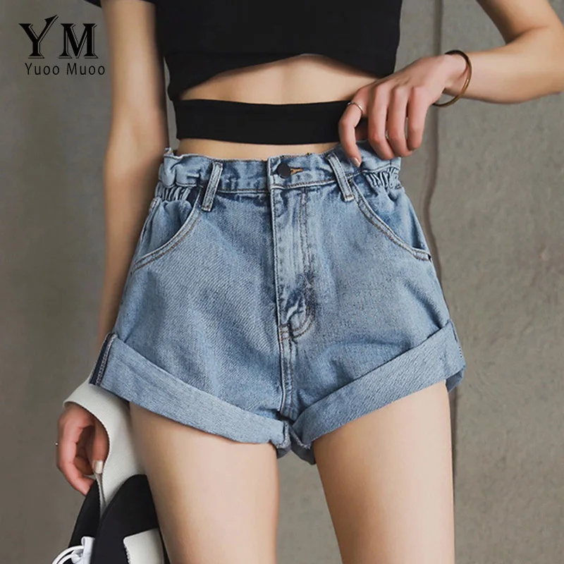 YuooMuoo Винтаж Высокая талия обжимной джинсовые шорты для женщин корейский стиль повседневные джинсы летние Горячая Распродажа шорт - Цвет: Light Blue